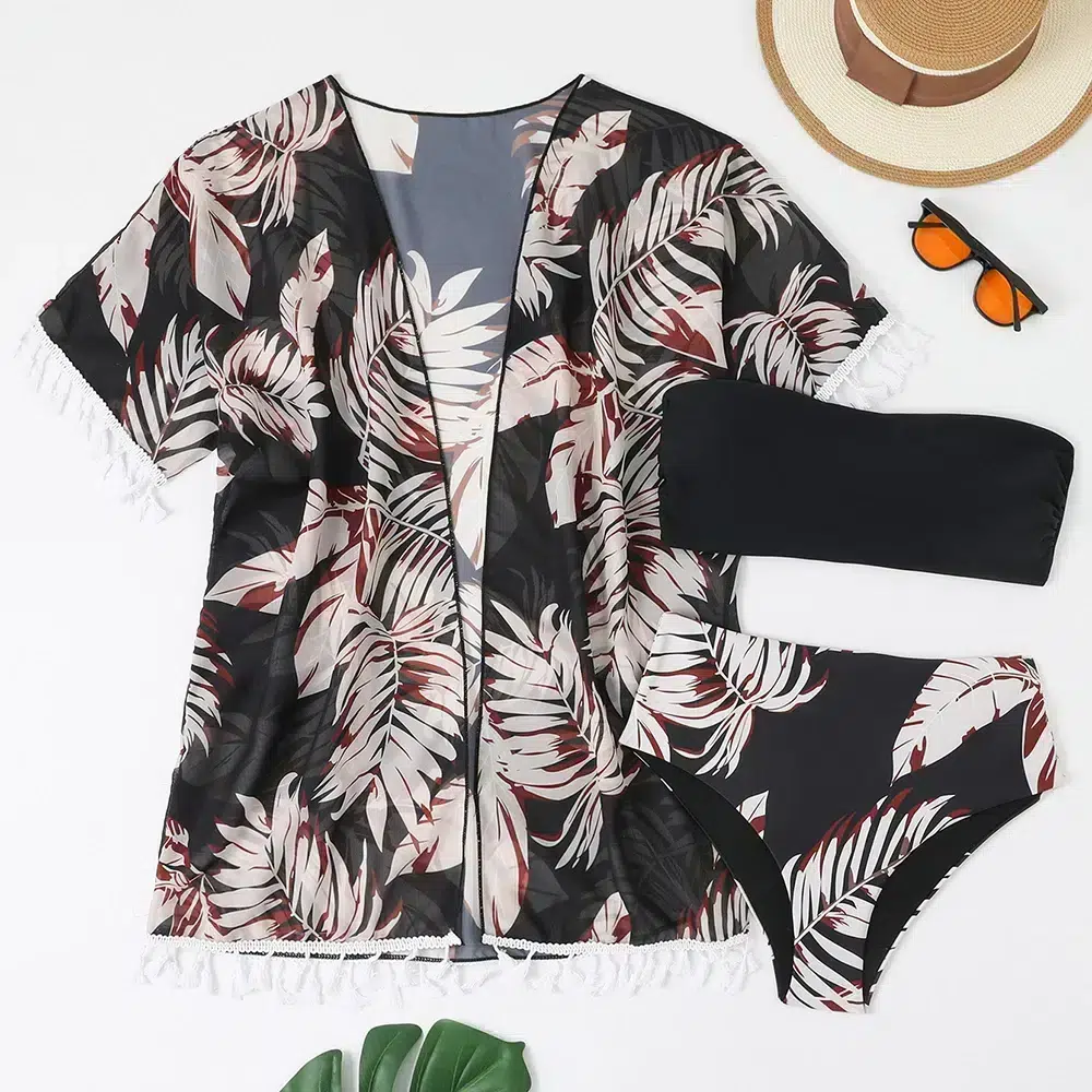 Maillot de Bain Bandeau avec Kimono Imprimé Feuillage Maillot de Bain Bandeau avec Kimono Imprimé Feuillage