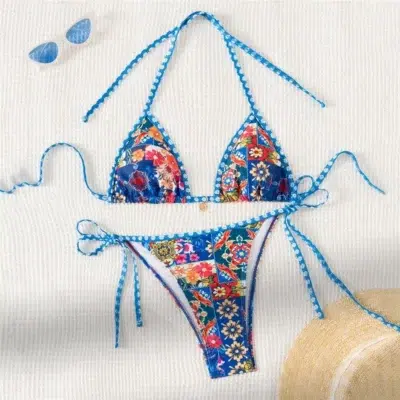 Maillot de Bain Tanga Floral Bleu