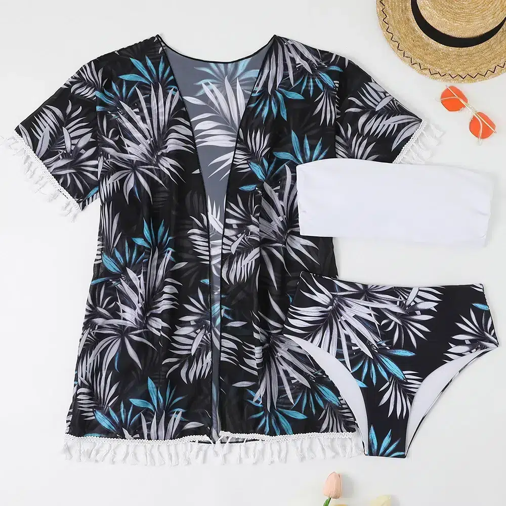 Maillot de Bain Bandeau avec Kimono Imprimé Feuillage Maillot de Bain Bandeau avec Kimono Imprimé Feuillage