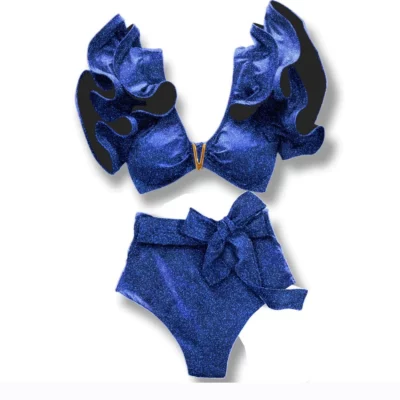 Maillot de Bain Taille Haute Bleu Pailleté à Volants