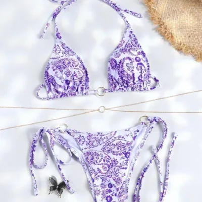 Maillot de Bain Triangle Violet Imprimé Bohème