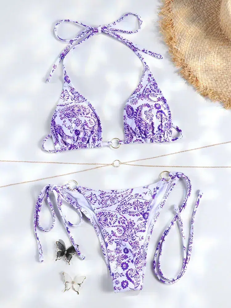 Maillot de Bain Triangle Violet Imprimé Bohème Maillot de Bain Triangle Violet Imprimé Bohème
