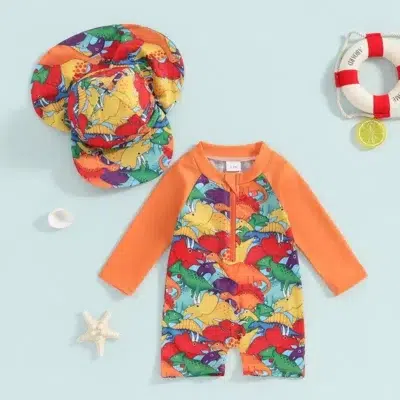 Maillot de Bain Bébé Orange Imprimé Dinosaure
