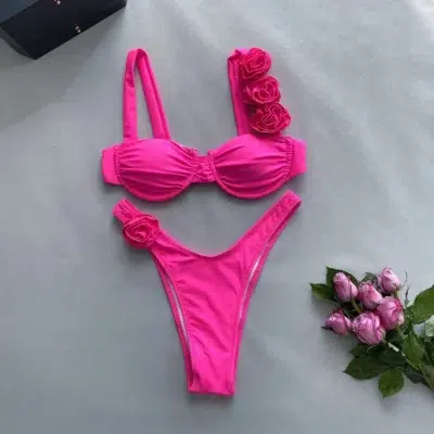 Bikini Rose Dentelle Festonnée Avec Volants – Tailles S, M, L, Neuf Avec étiquettes – Style Miami Sexy